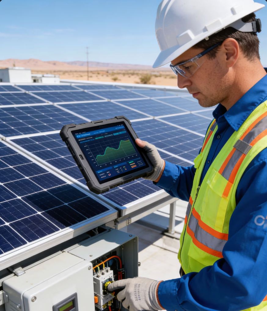 Technician inspecting rooftop solar