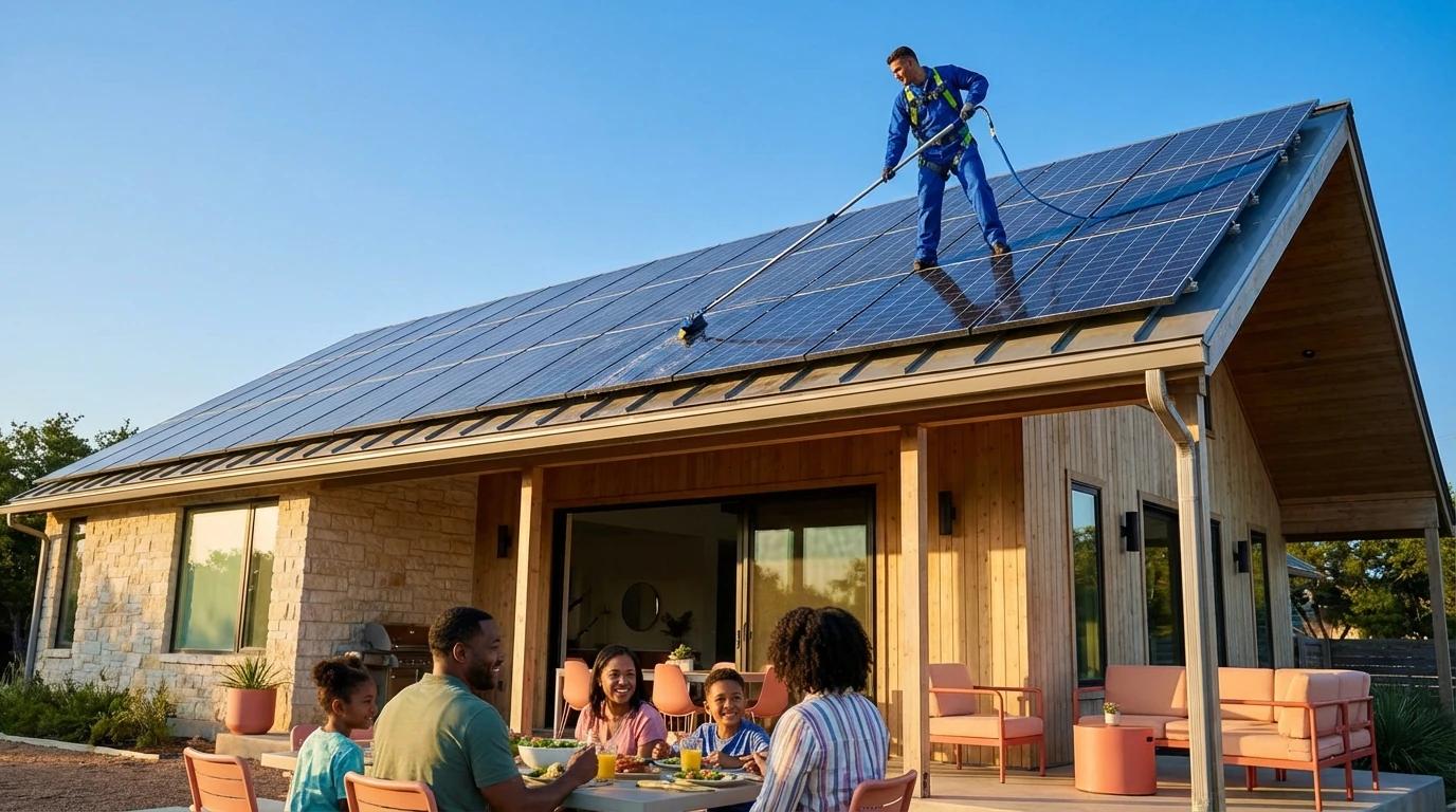 Otovo technician cleaning a rooftop solar array